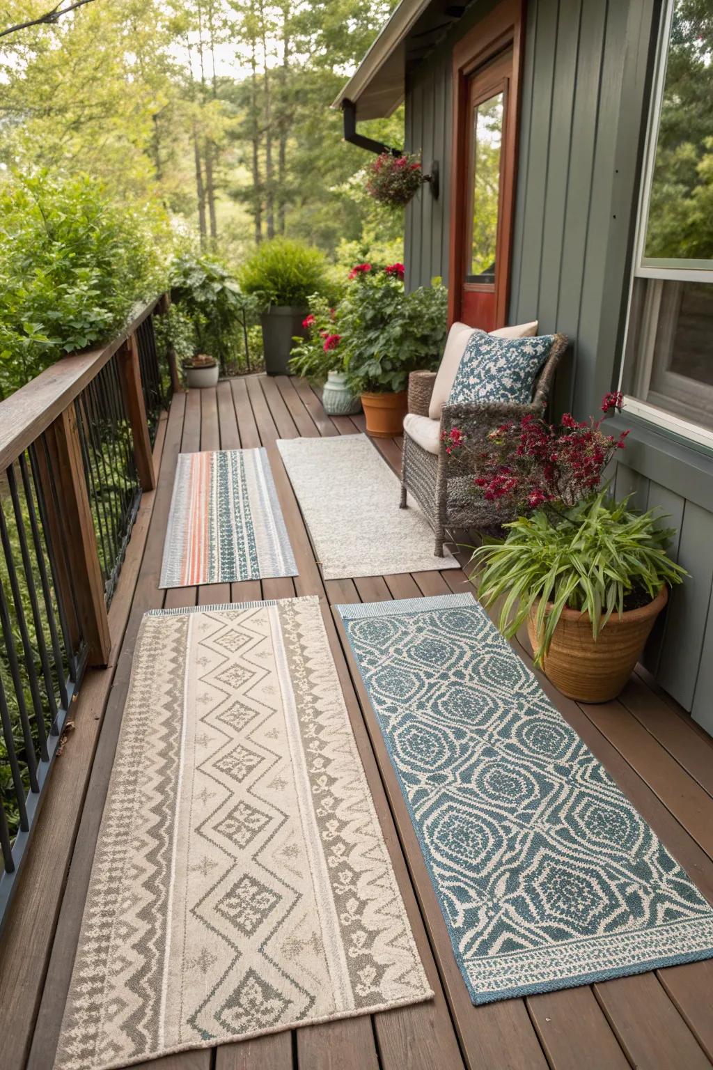 Layered rugs add texture and define areas on a narrow deck.