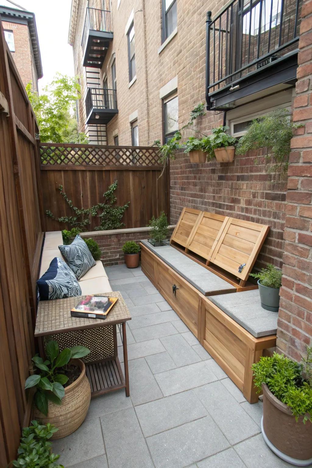 Built-in seating with storage on a narrow patio.