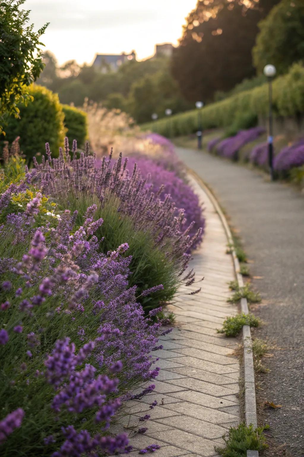 Lavender borders beautifully complement the pathway in this narrow strip.
