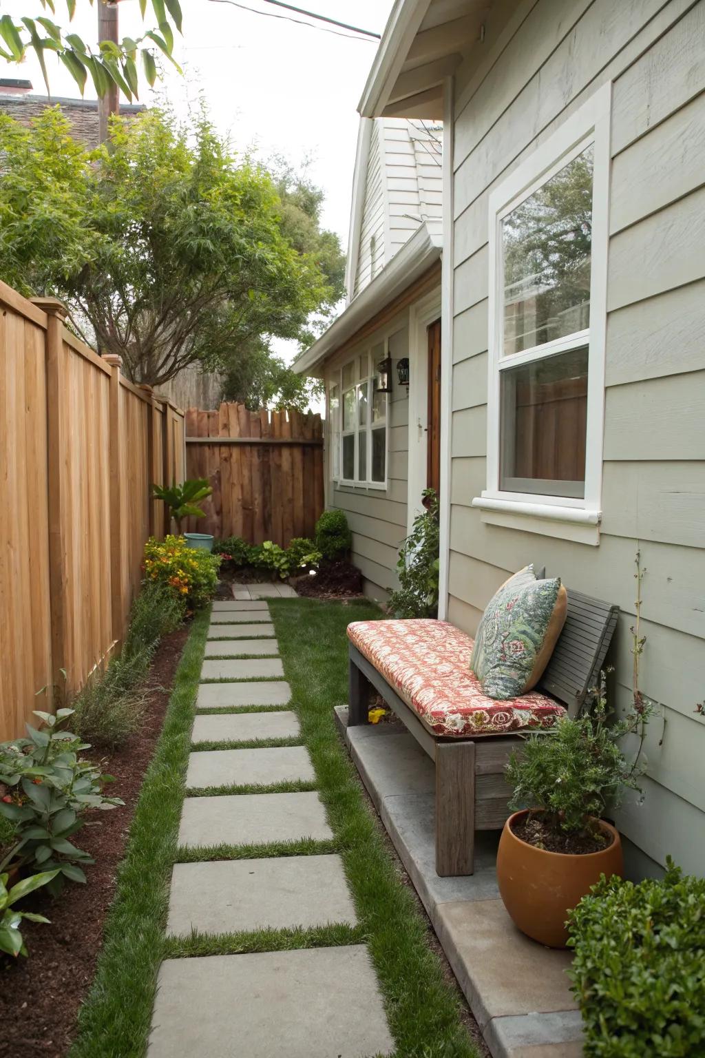 A cozy seating area makes for an inviting side yard retreat.