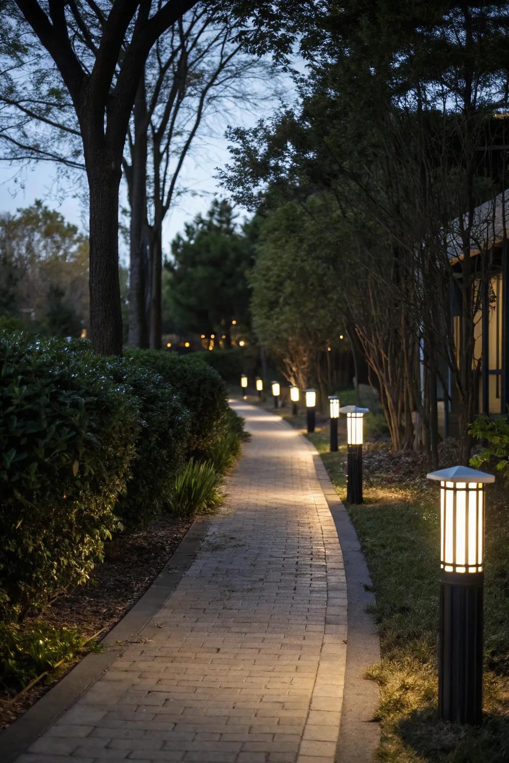 A narrow walkway illuminated by solar pathway lights.