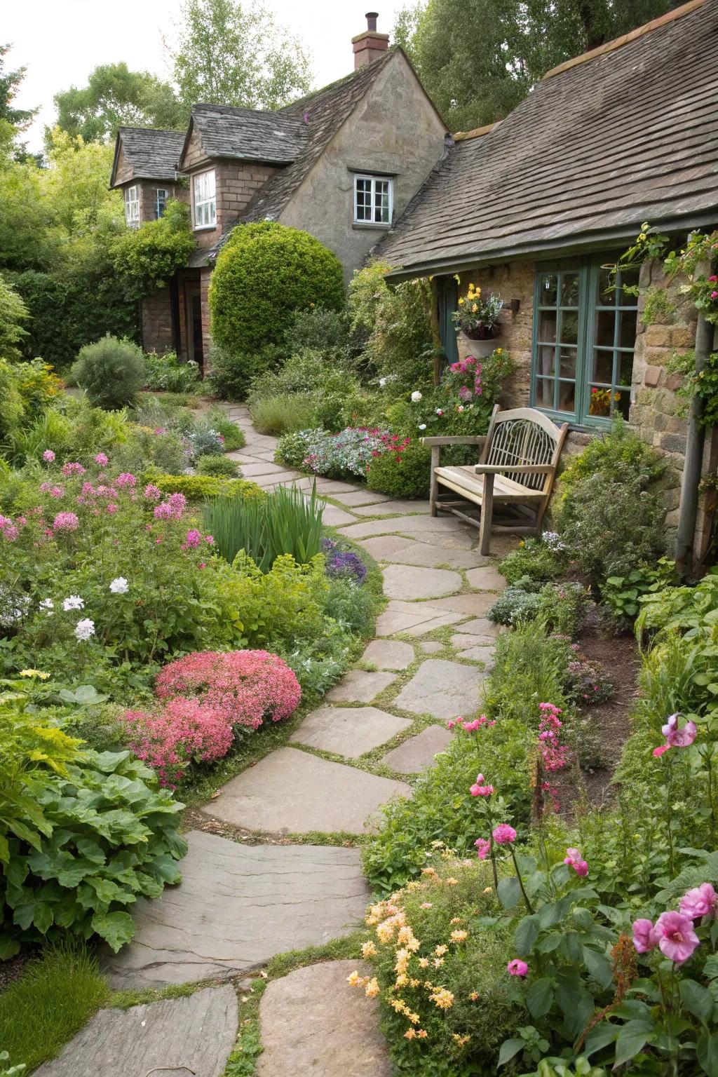 A charming cottage-style garden with stone paths and colorful flowers.