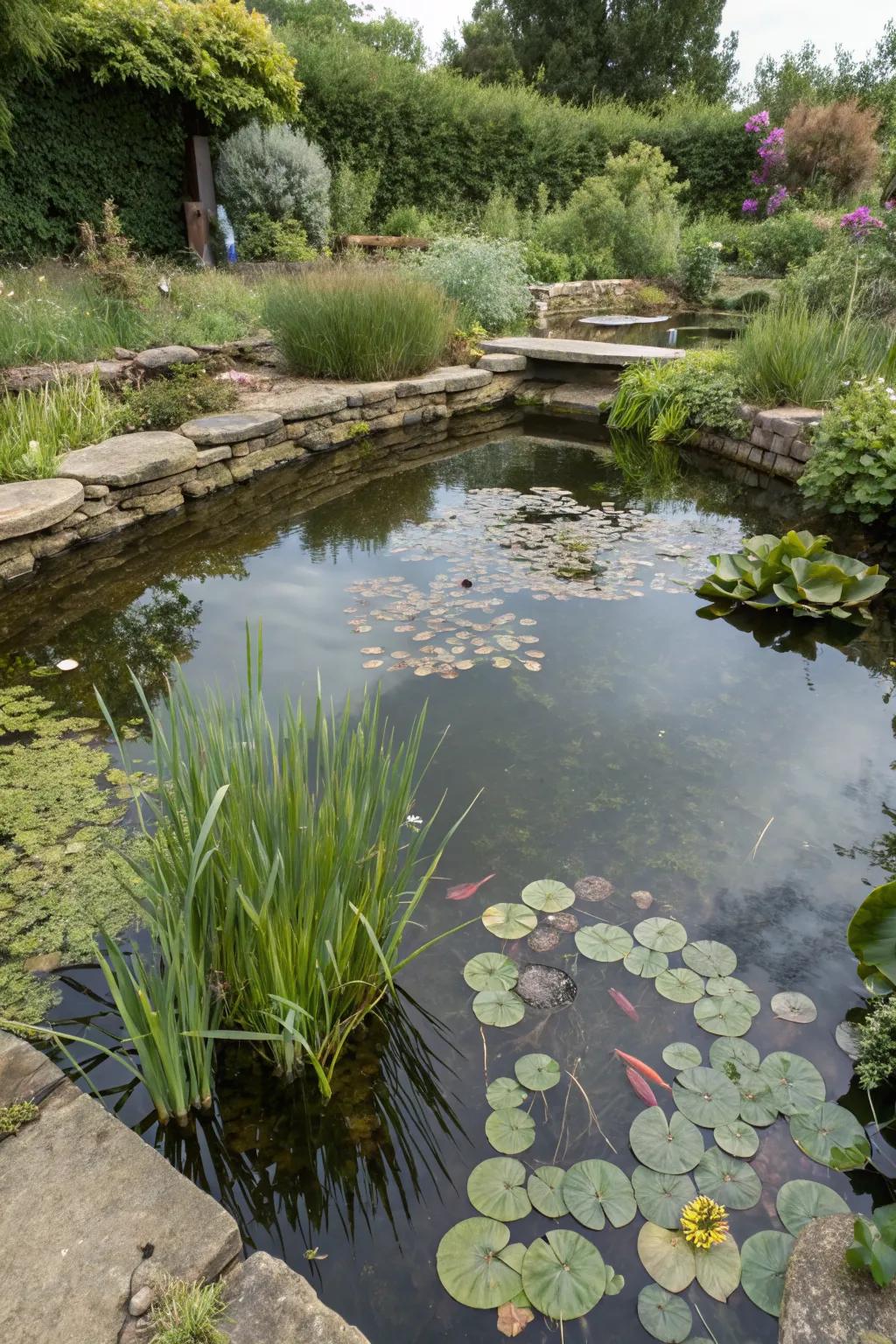 A pond with varied depths supporting diverse plant life.