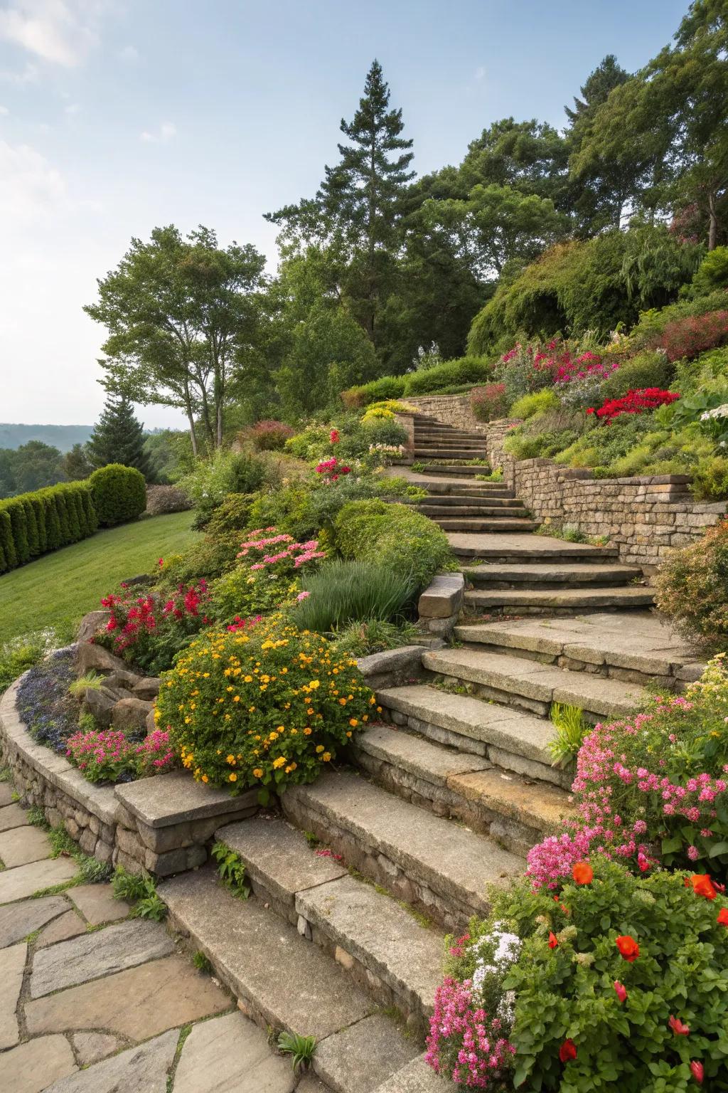 A tiered garden showcasing cascading plants and stone steps.