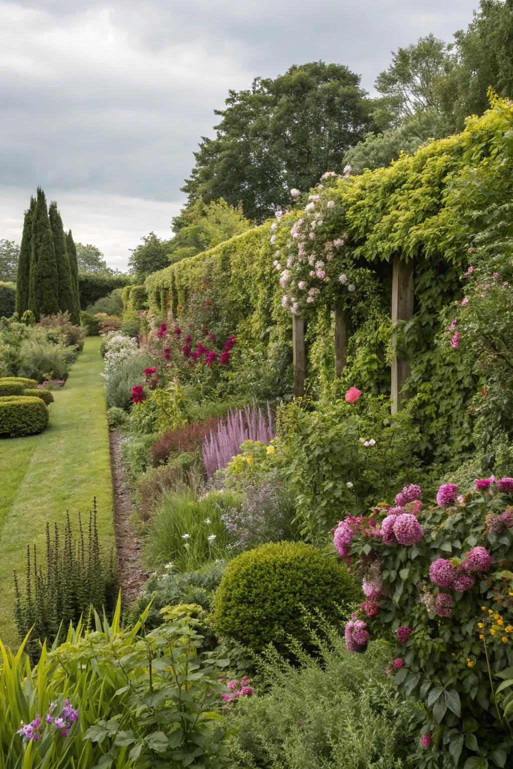A mix of plant species creates a lively and private garden atmosphere.