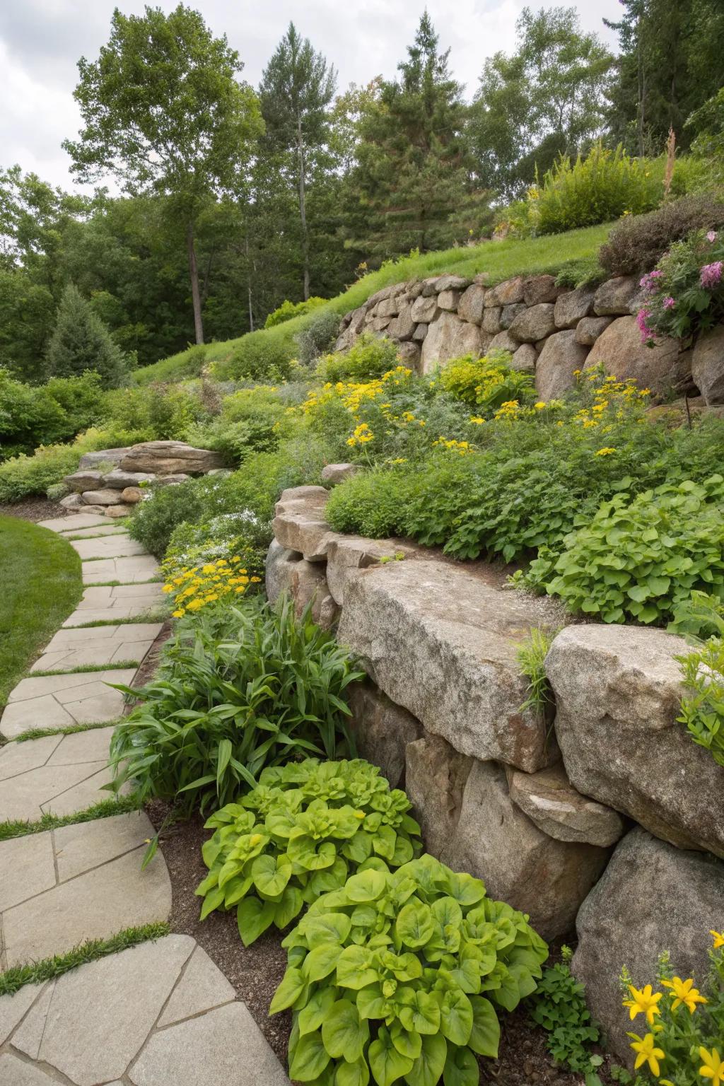 A garden enhanced by a visually striking boulder retaining wall.