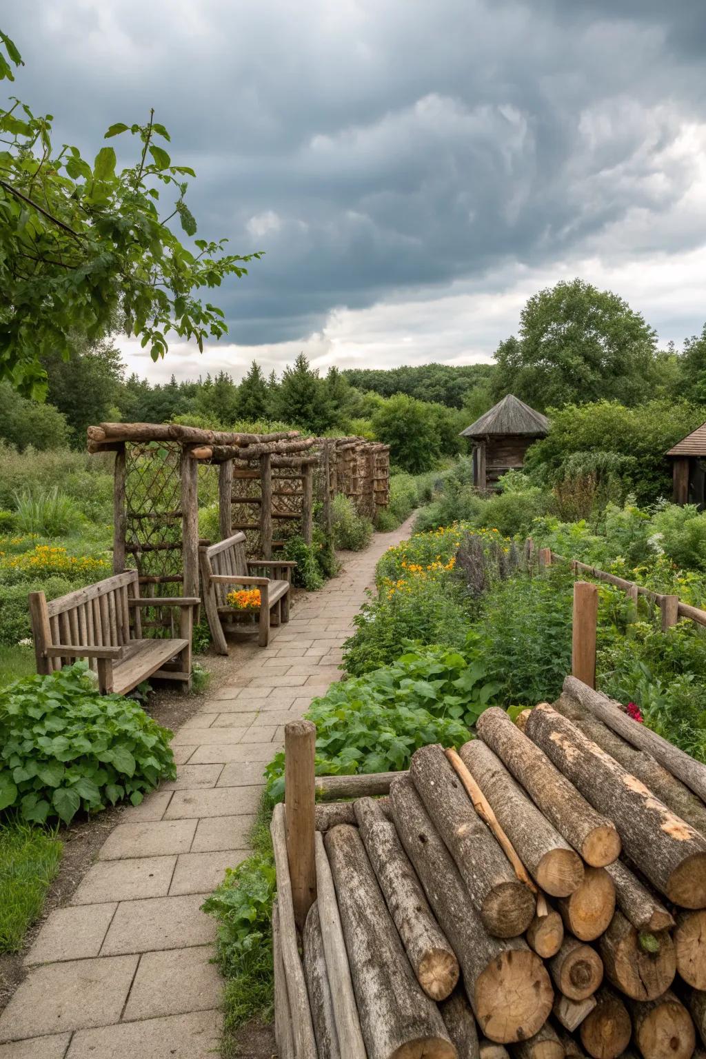 Logs and rustic wooden elements add texture and character to the garden.