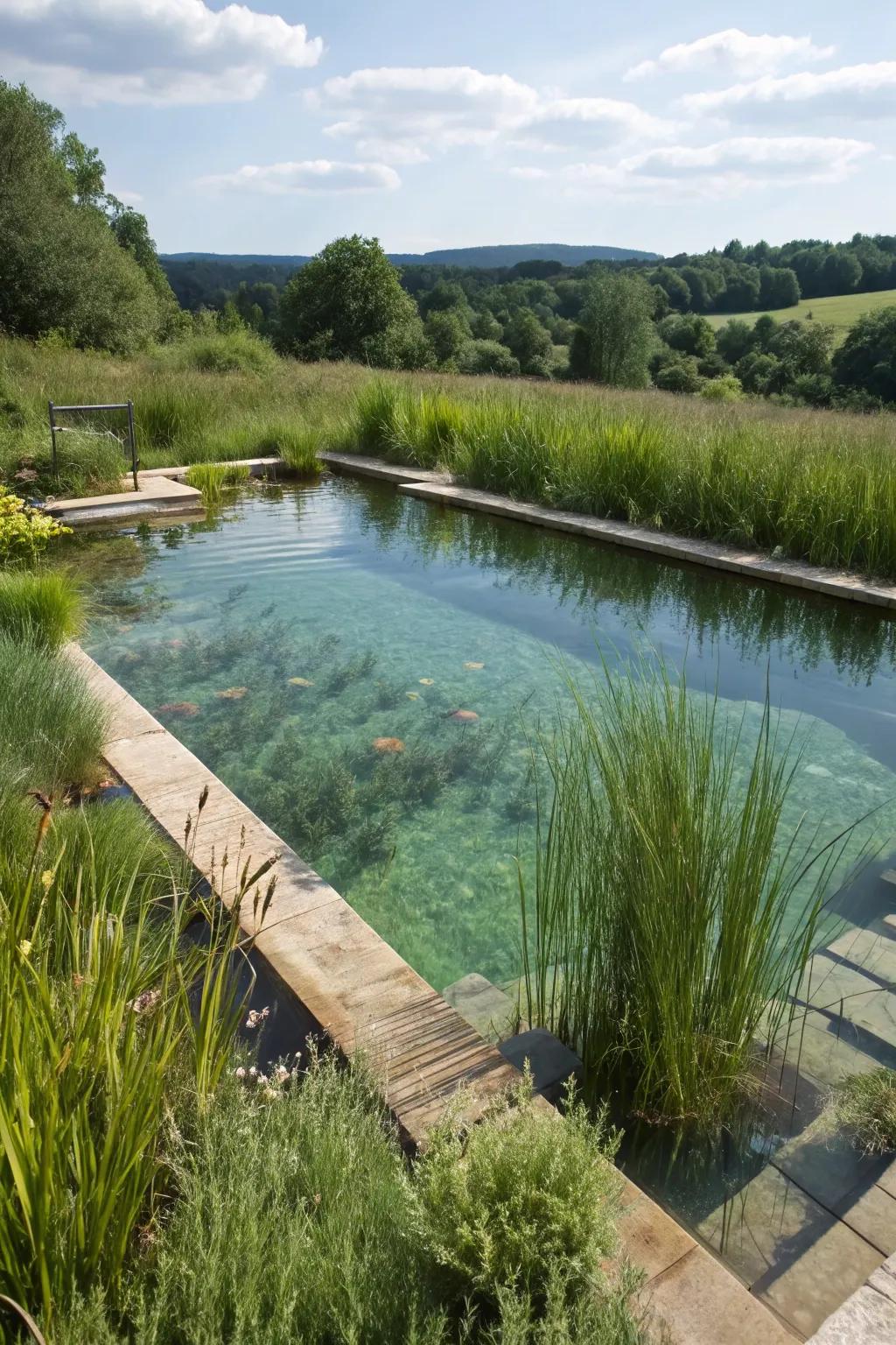 A natural swimming pool featuring a regeneration zone with aquatic plants for natural filtration.