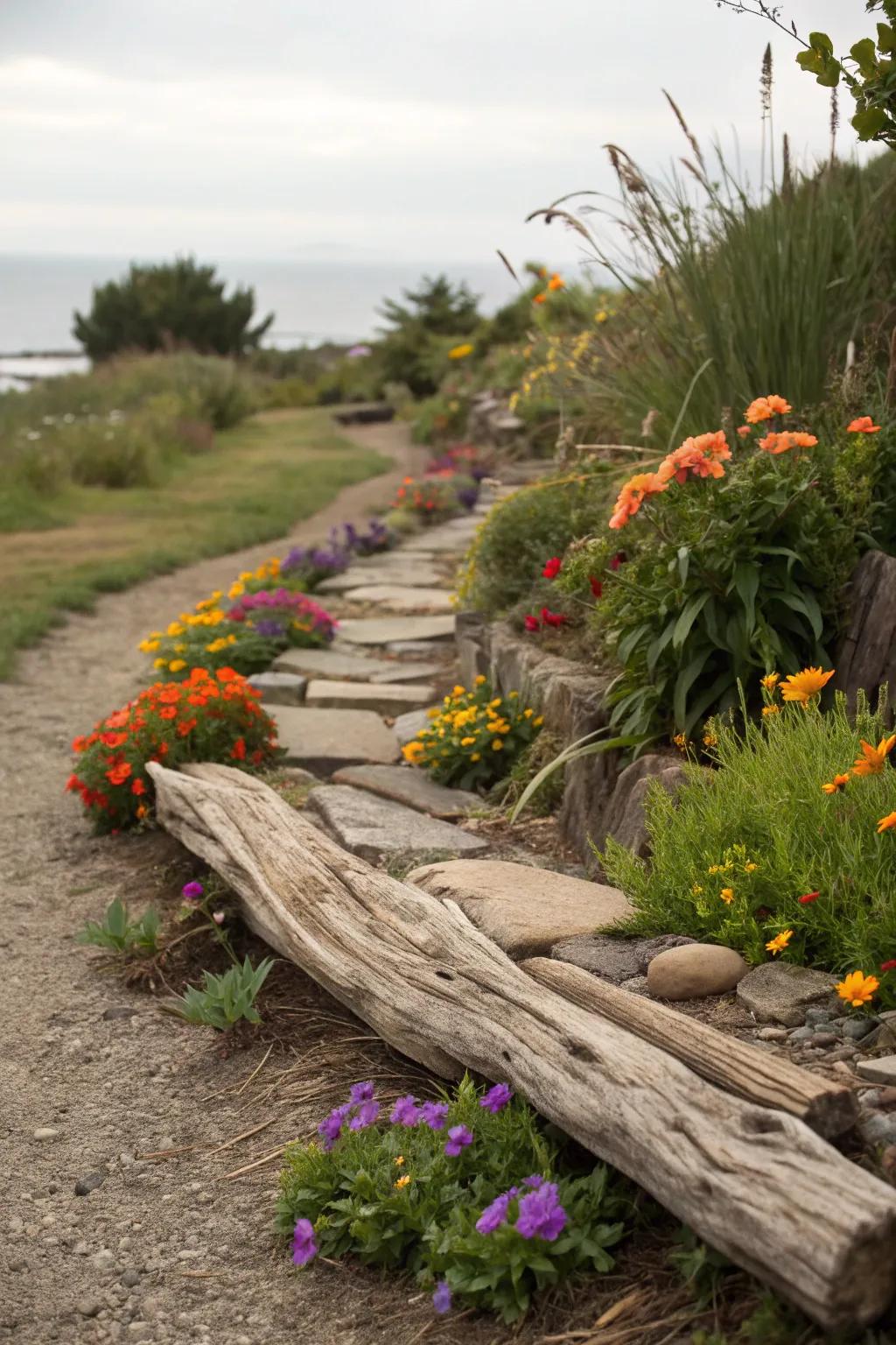 Driftwood adds a rustic, coastal feel to your garden.