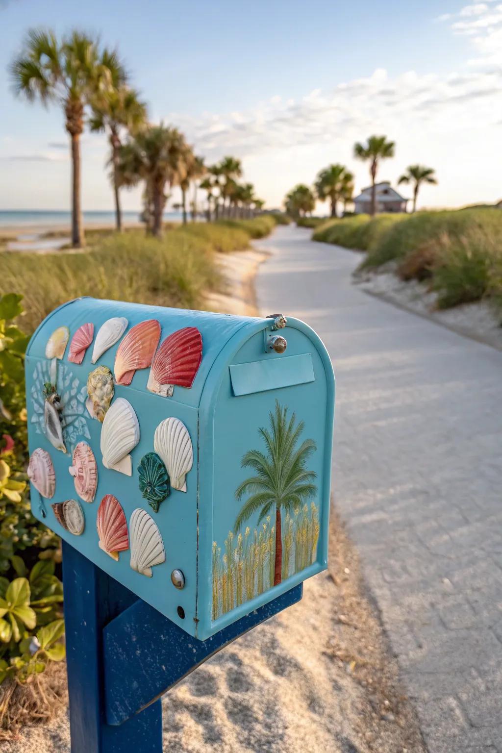 A mailbox decorated with a variety of seashells.