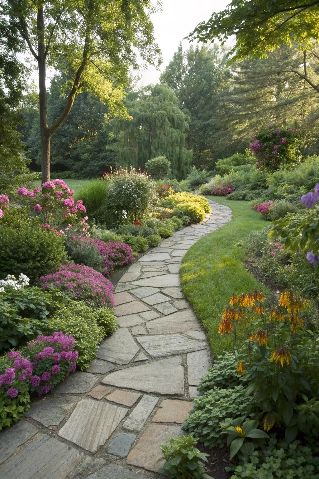 Rustic charm with flagstone paths.