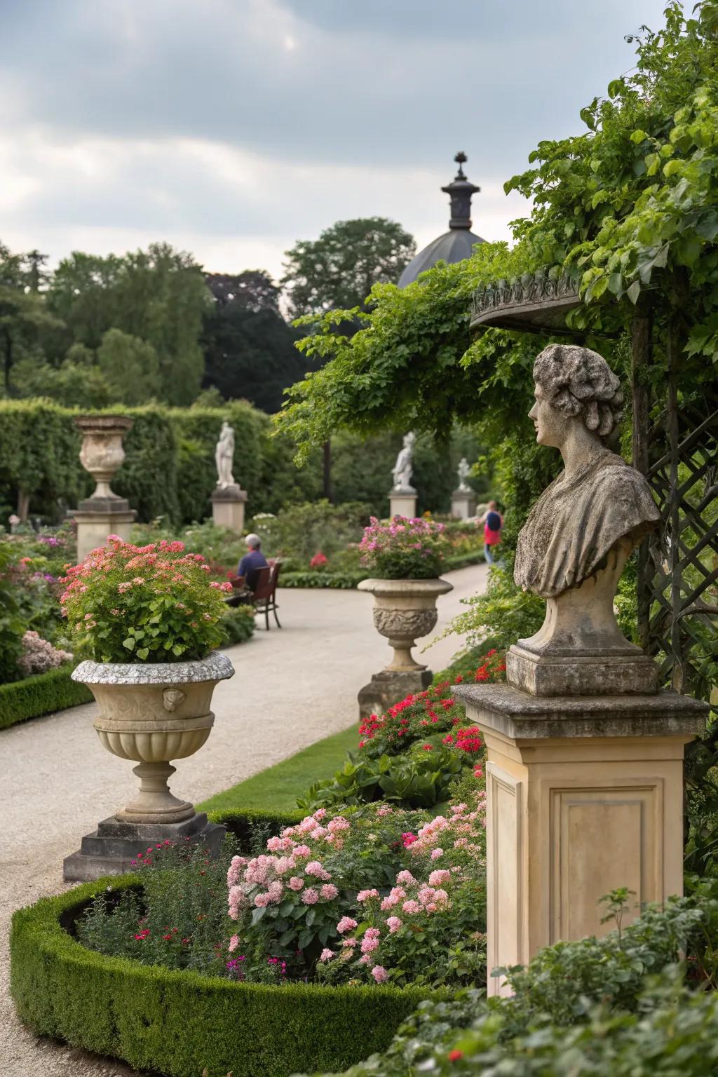 Statues and planters adding charm and texture to the garden.