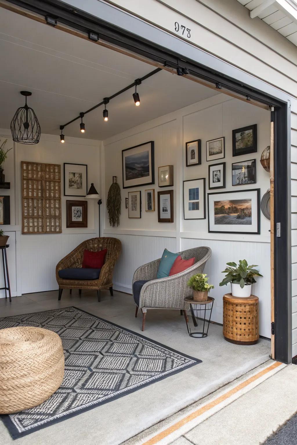 A personalized garage with stylish decorative elements.