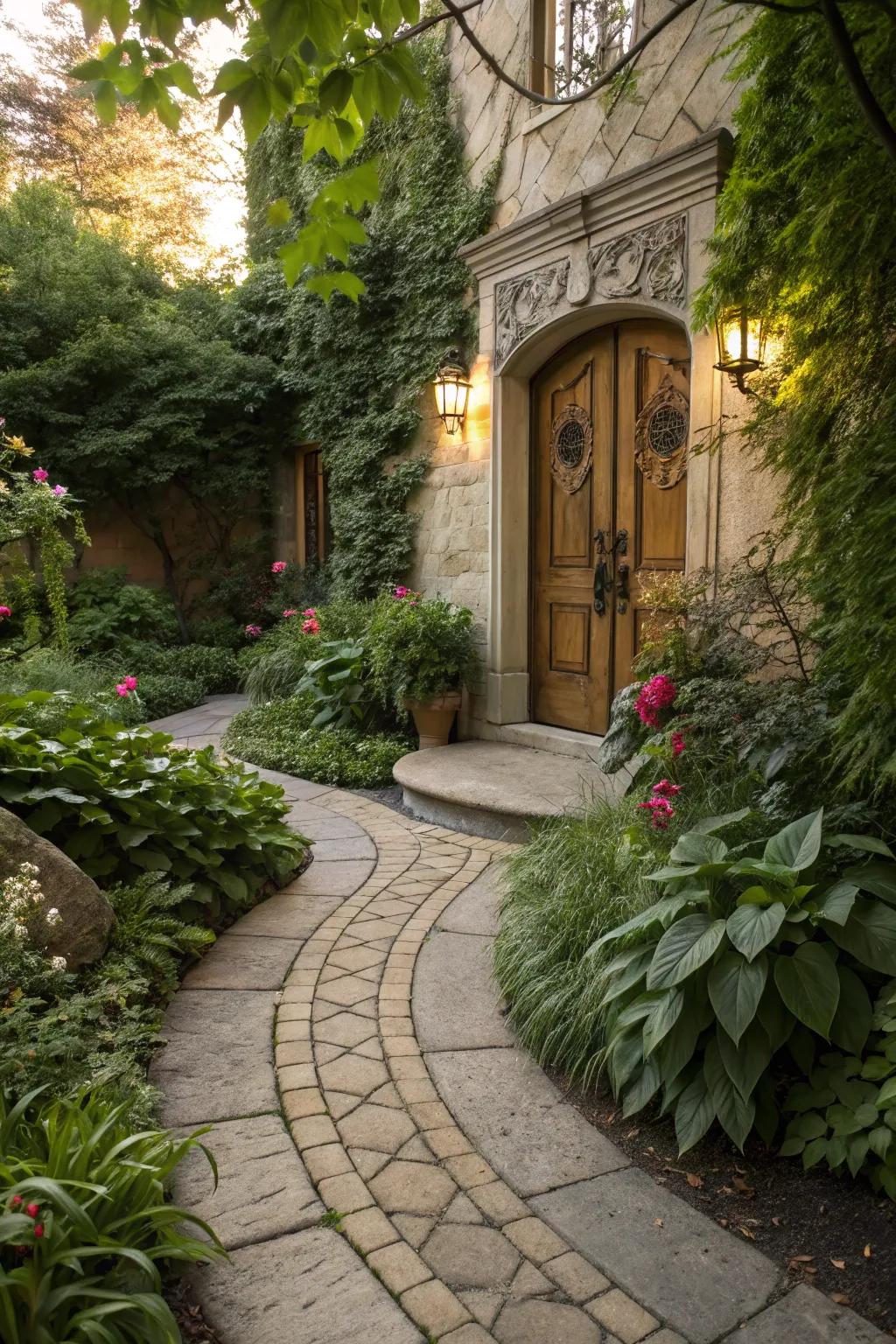 A curved stone pathway adds elegance to the entrance.