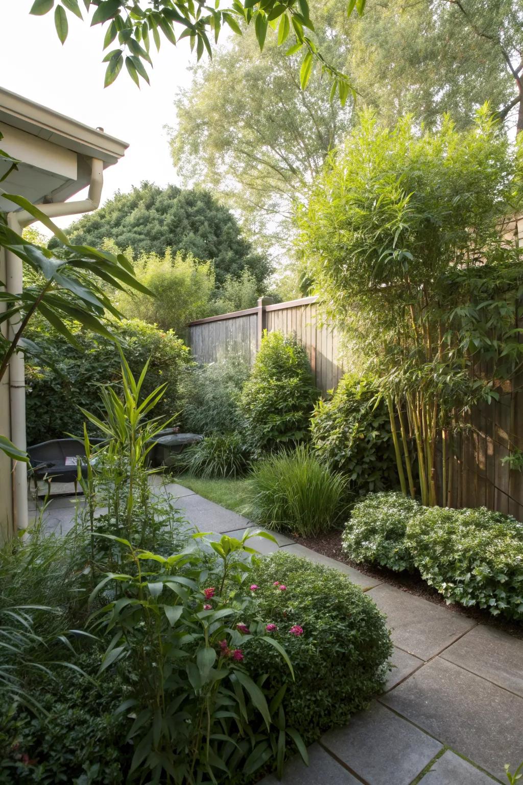 Tall plants offer privacy and a lush garden feel.