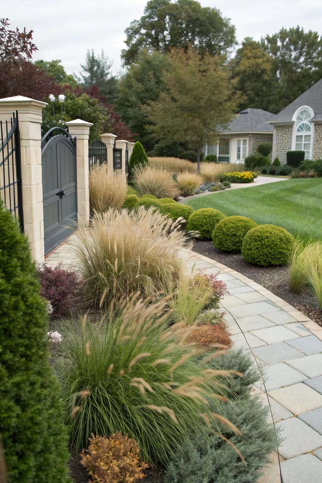 Ornamental grasses and shrubs replace traditional lawns.