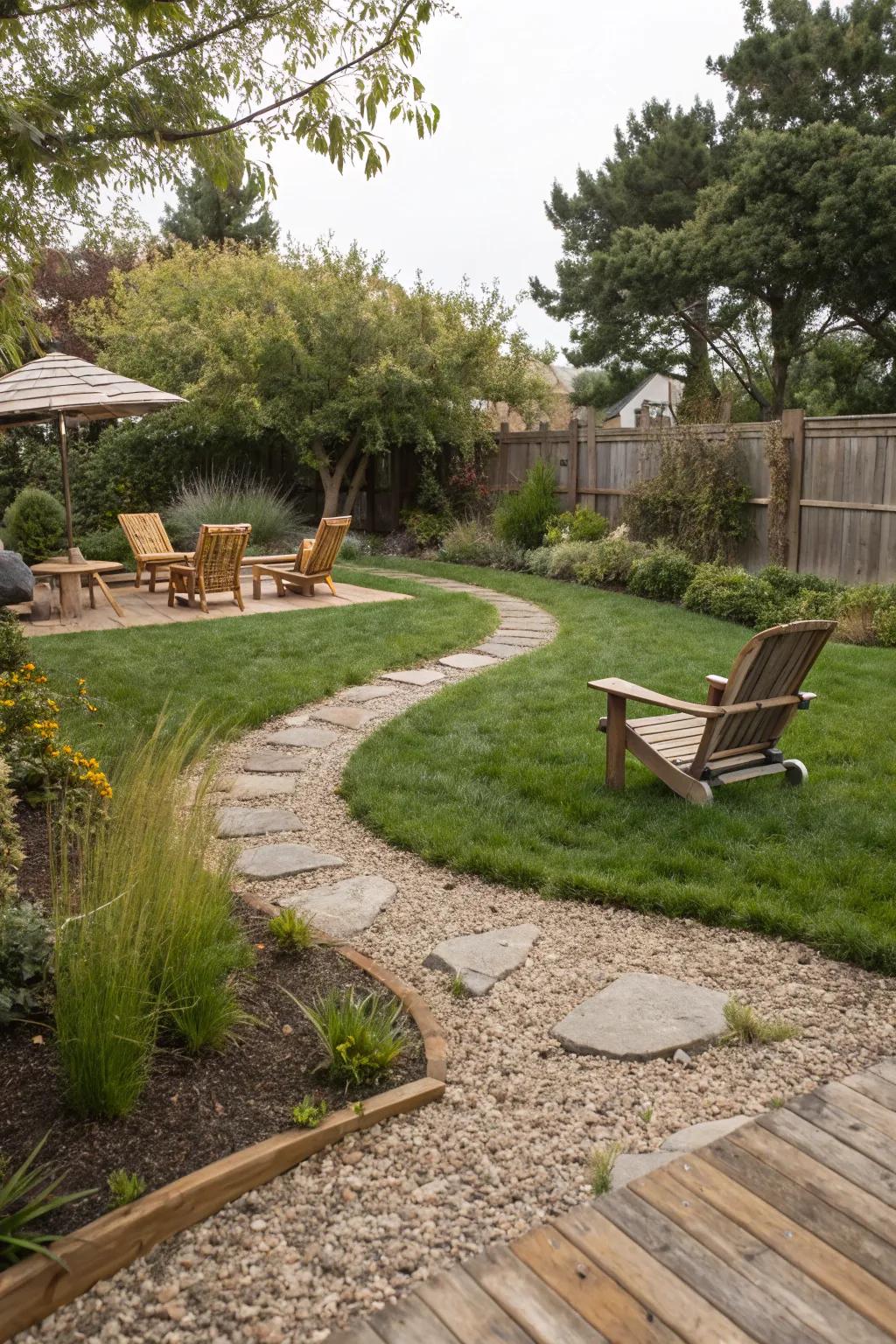 Combine gravel and grass for a natural and versatile backyard floor.