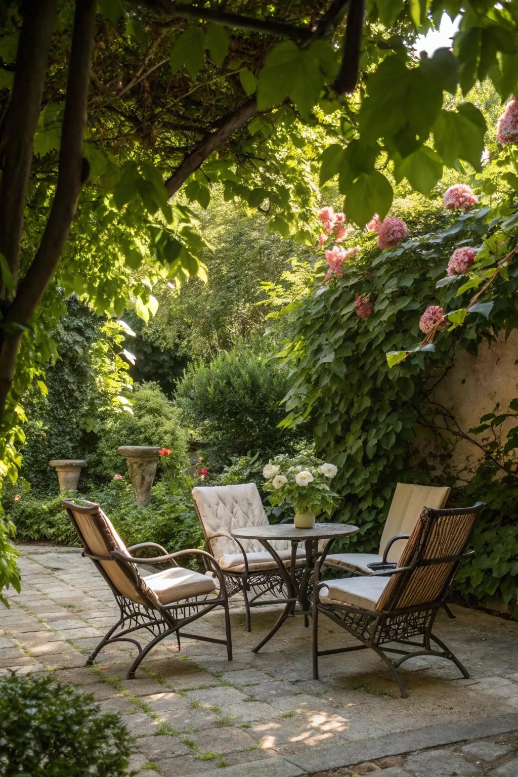 A tranquil seating area nestled among lush greenery in a garden.