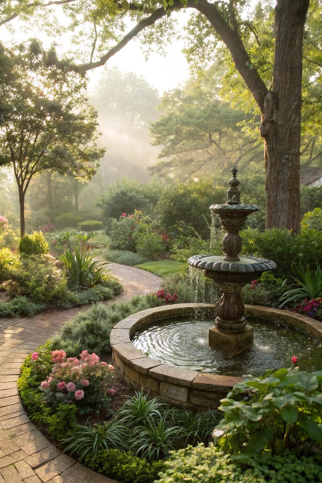 Water features like fountains offer a peaceful retreat.