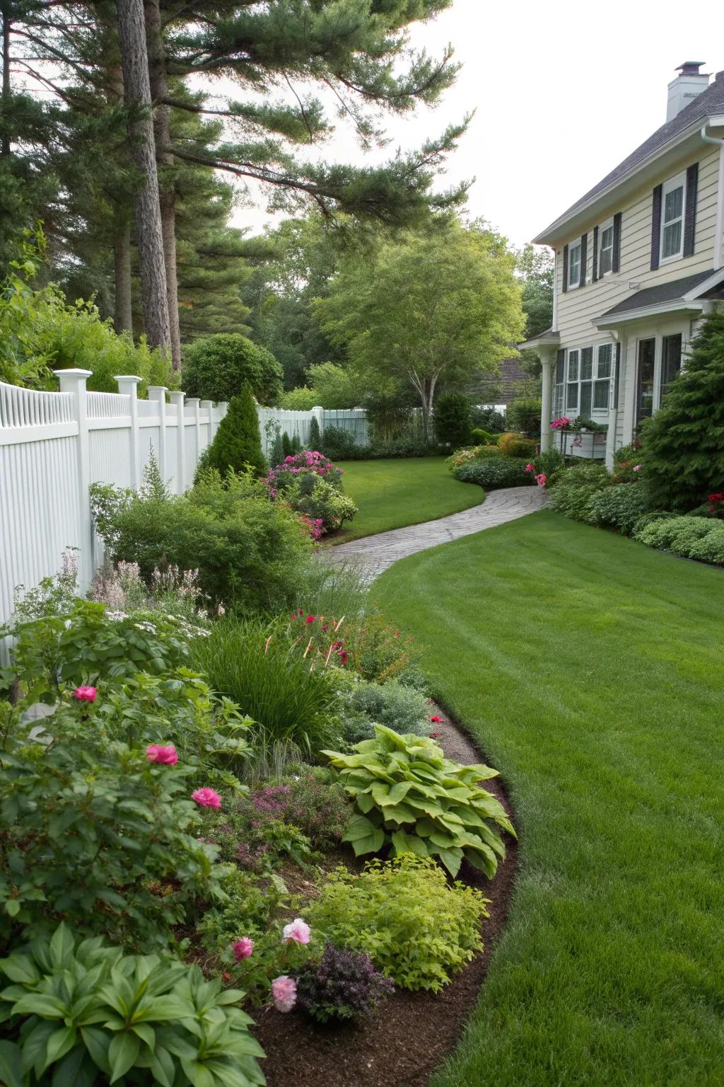 A well-kept northeast front yard featuring a vibrant lawn and evergreen plants.