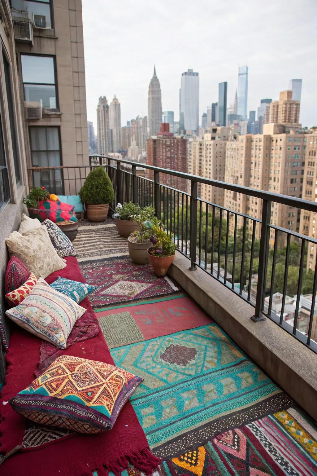 Decorative accents add color and charm to a NYC balcony.