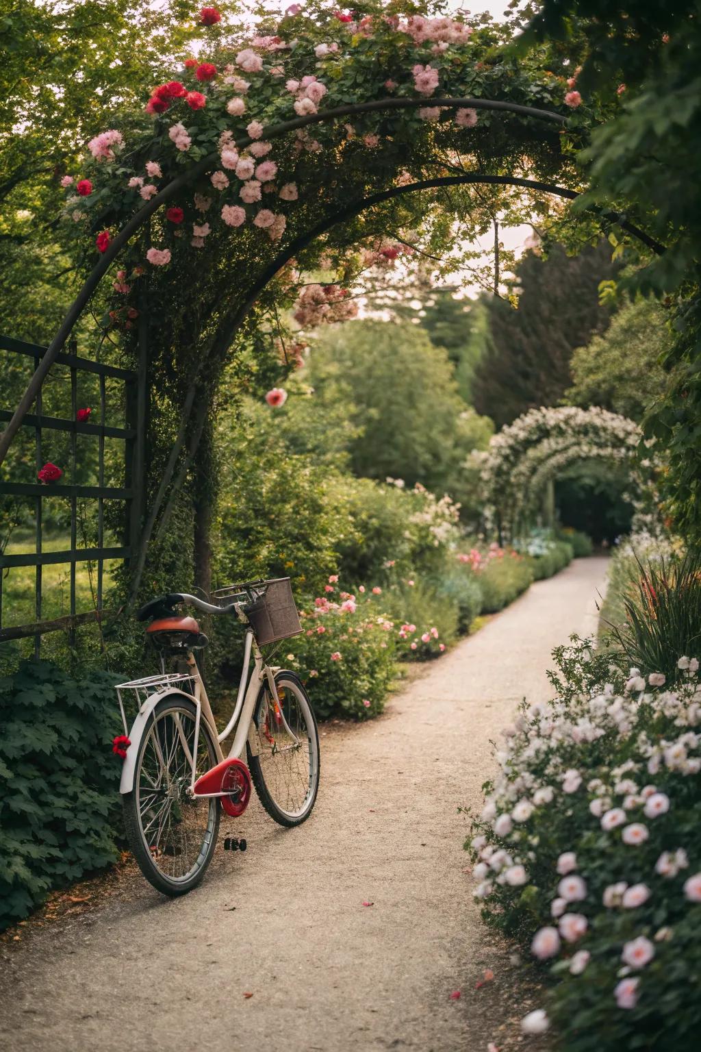 A welcoming bicycle at the garden path entrance.