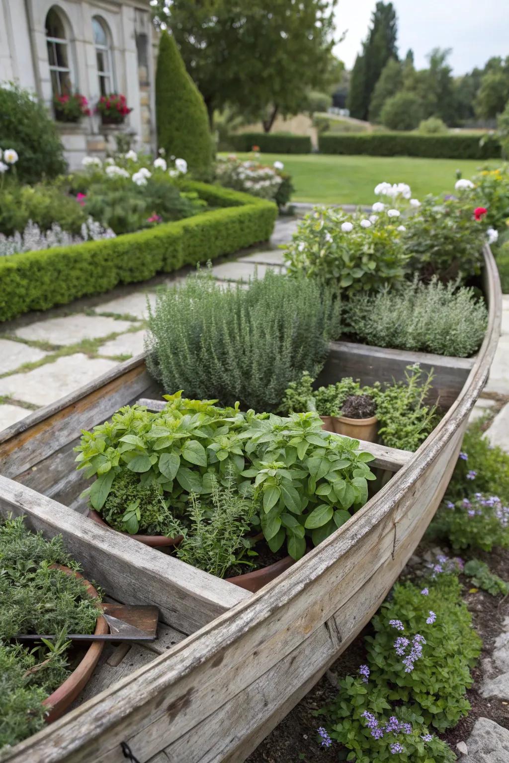 Fresh herbs growing in a repurposed boat