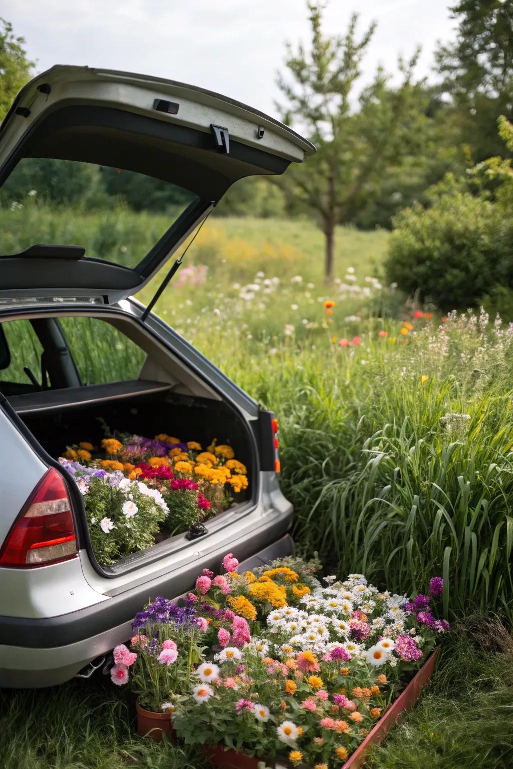A car trunk transformed into a garden treasure chest.
