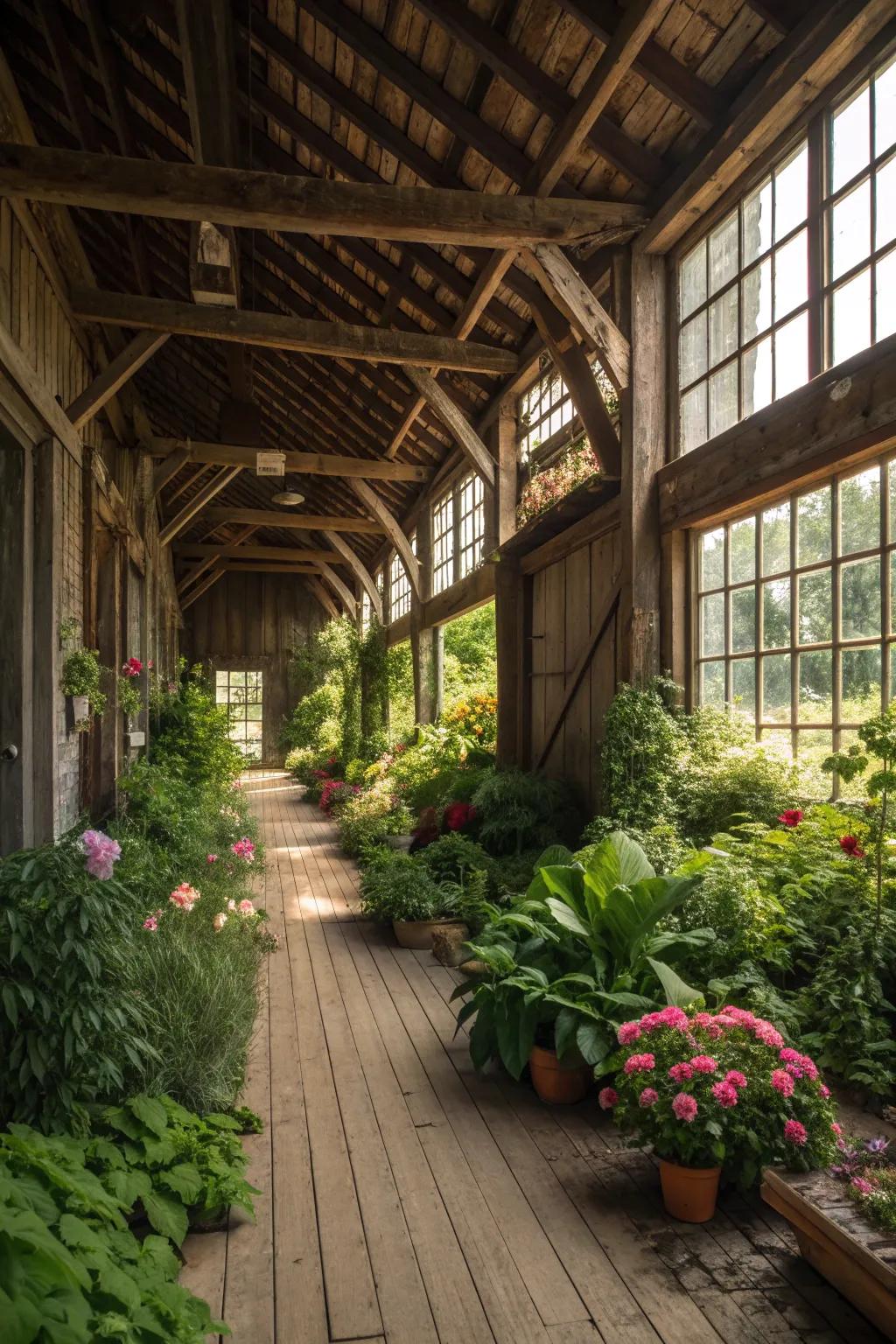 A green oasis thriving inside an old barn.