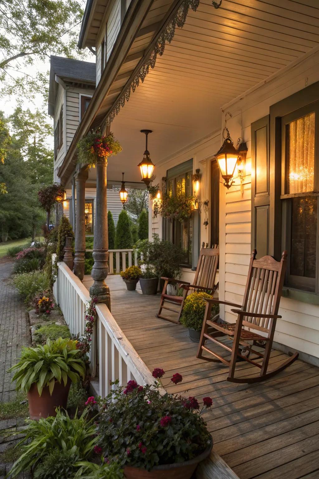 Warm lights enhance porch ambiance.