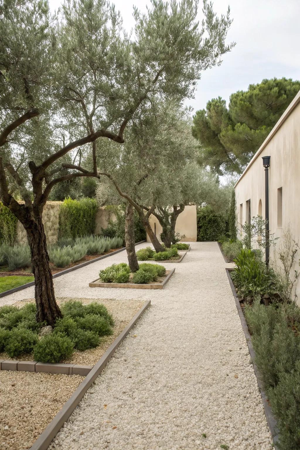 A minimalist garden landscape with olive trees and gravel.