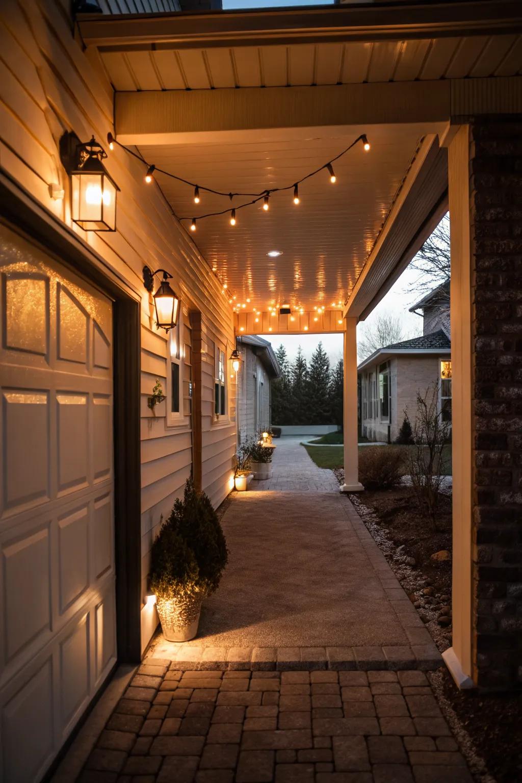 Warm lighting adds a cozy ambiance to open breezeways.