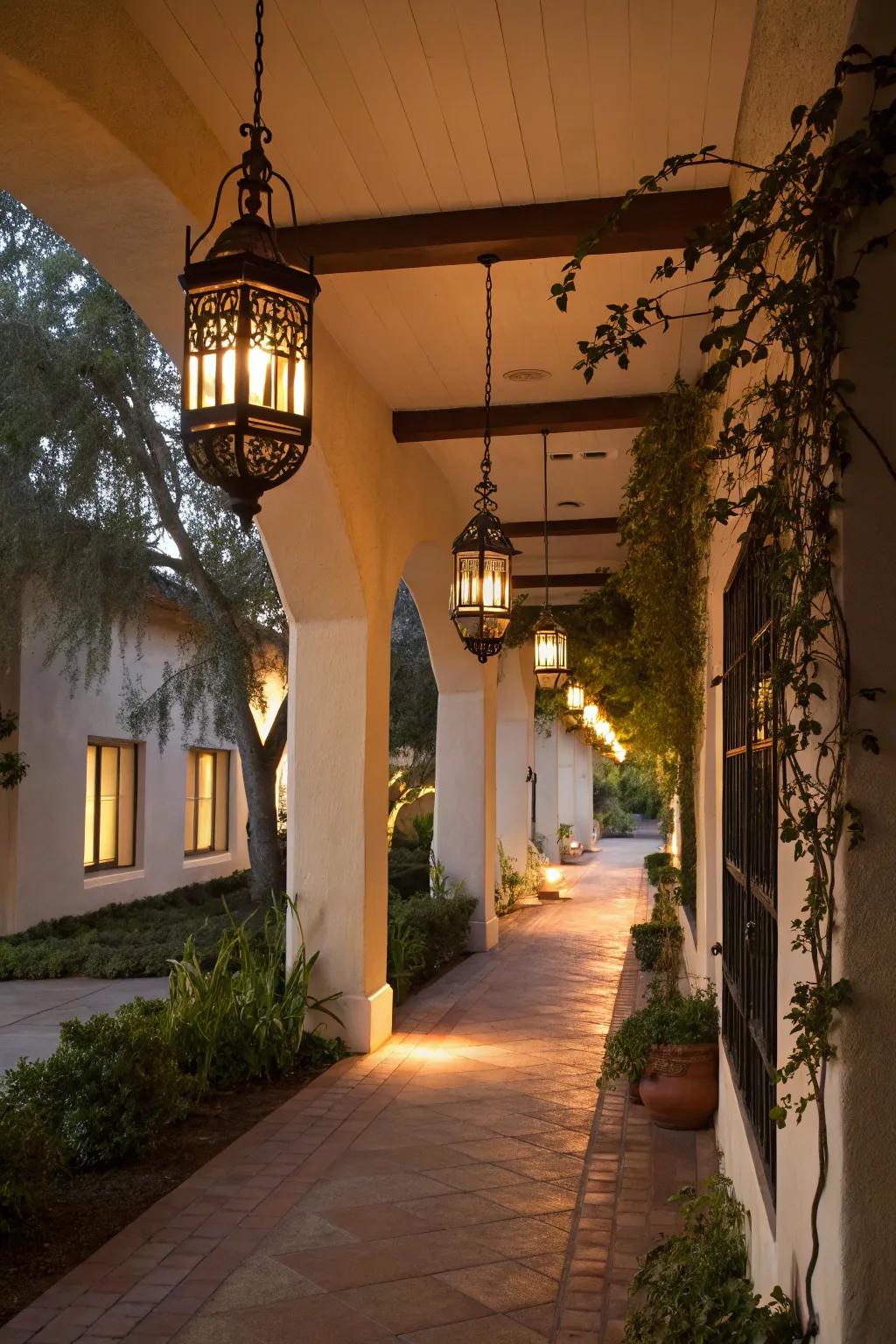 Ambient lighting adds a magical touch to evening breezeways.