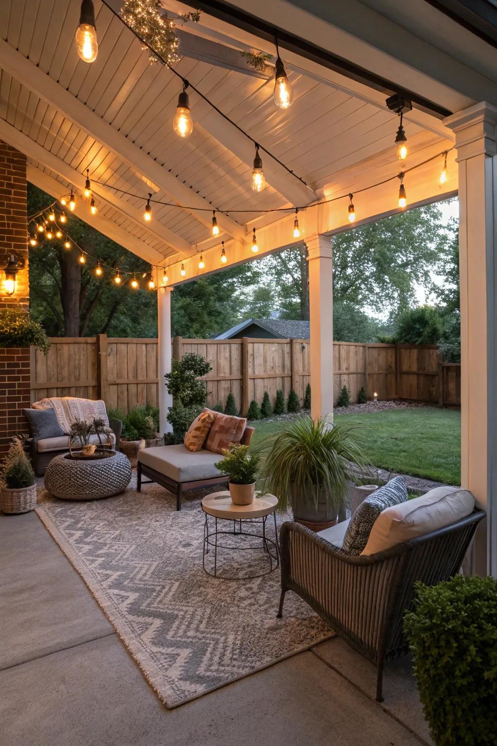 Warm lighting creates an enchanting evening atmosphere.