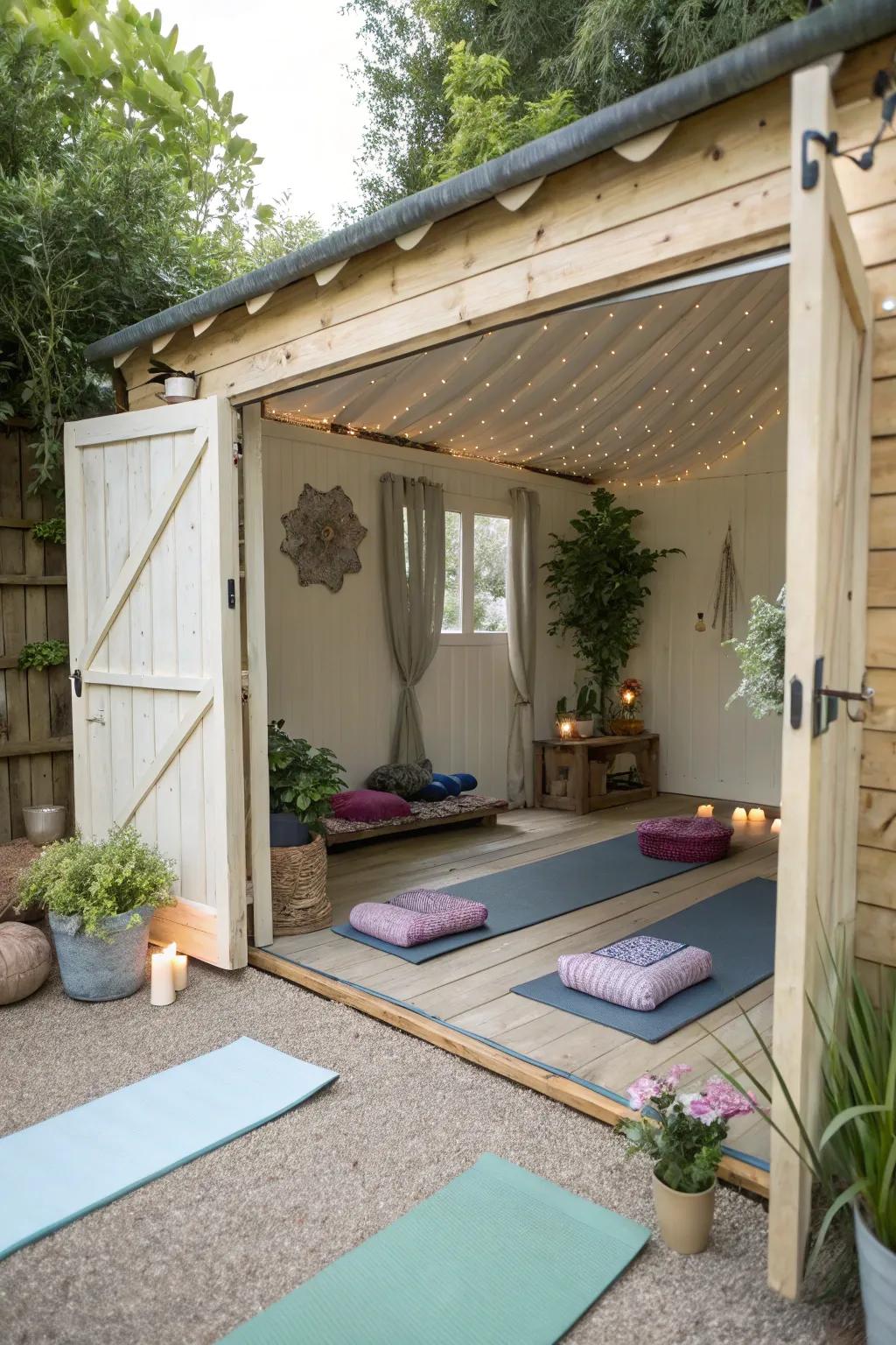 A serene yoga and meditation retreat in an open shed.