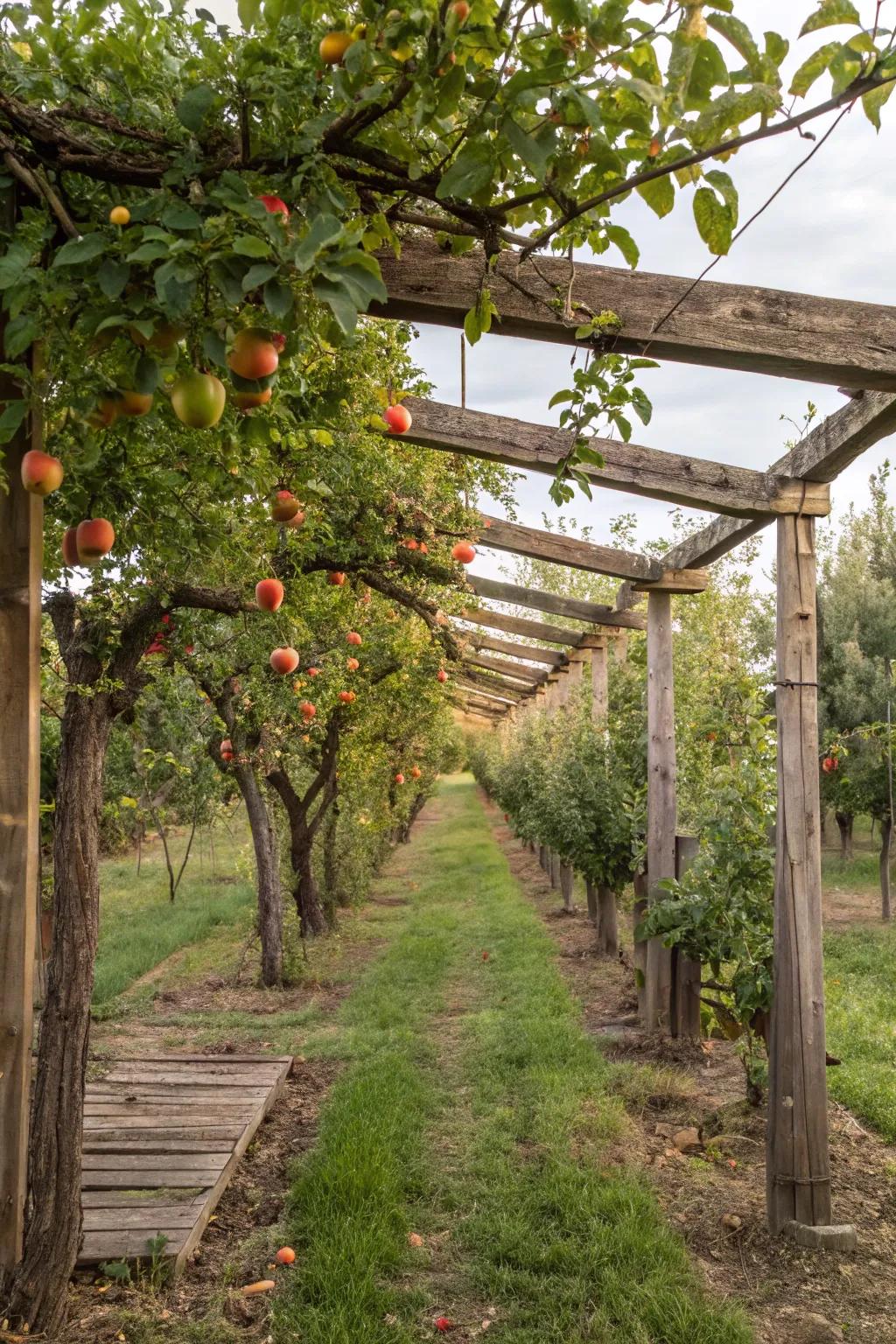 Vining structures add whimsy and vertical interest to the orchard.