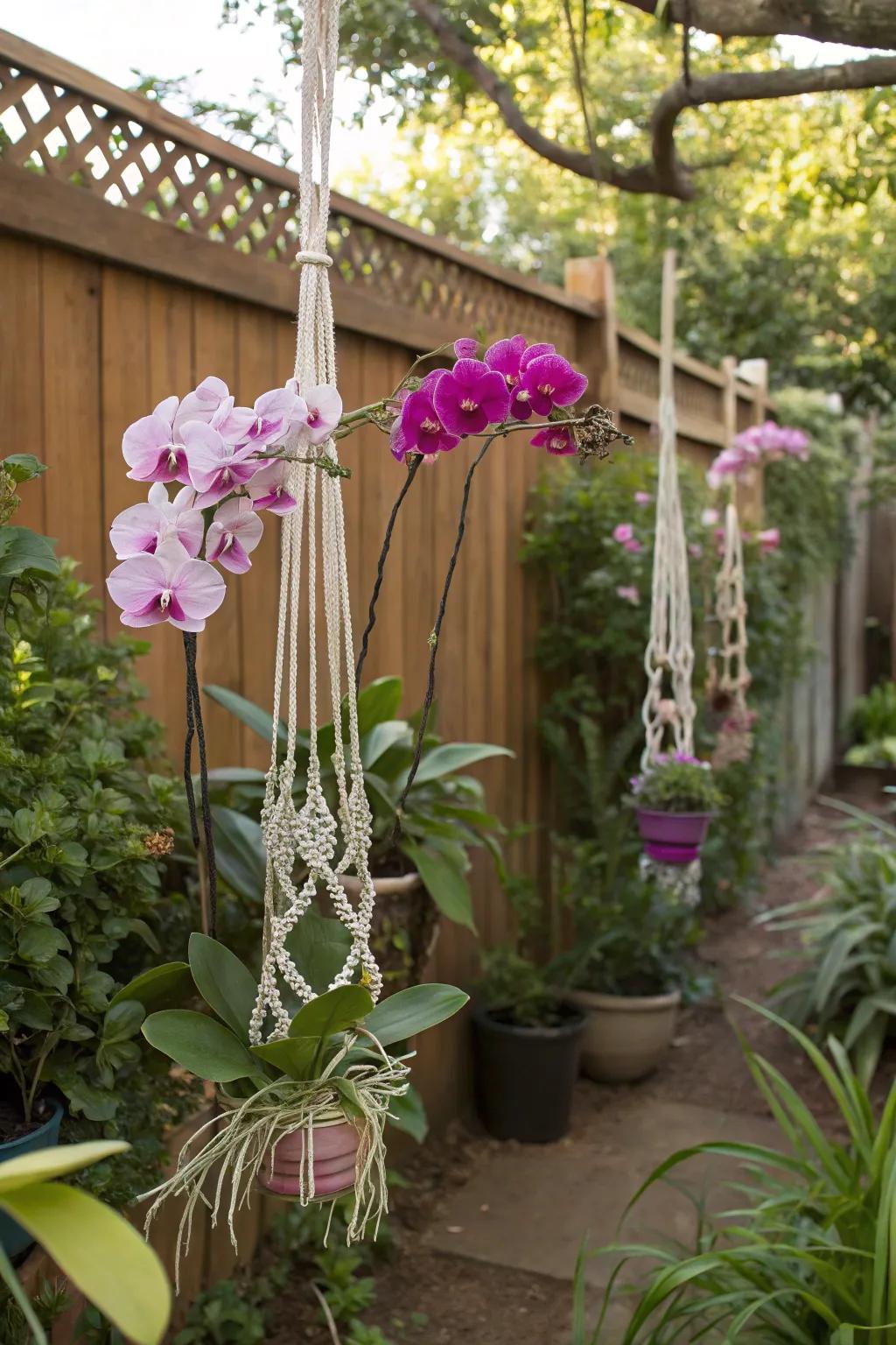 Suspended orchids create a dreamy garden atmosphere.