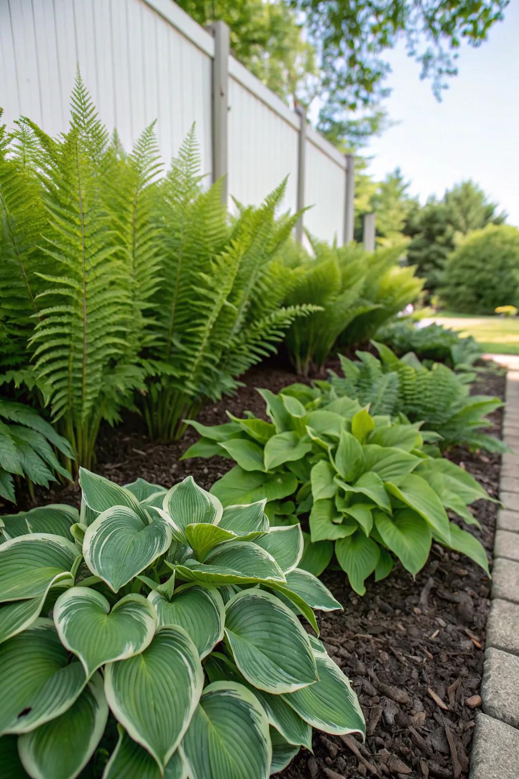 A harmonious blend of hostas and ostrich ferns in a garden bed.