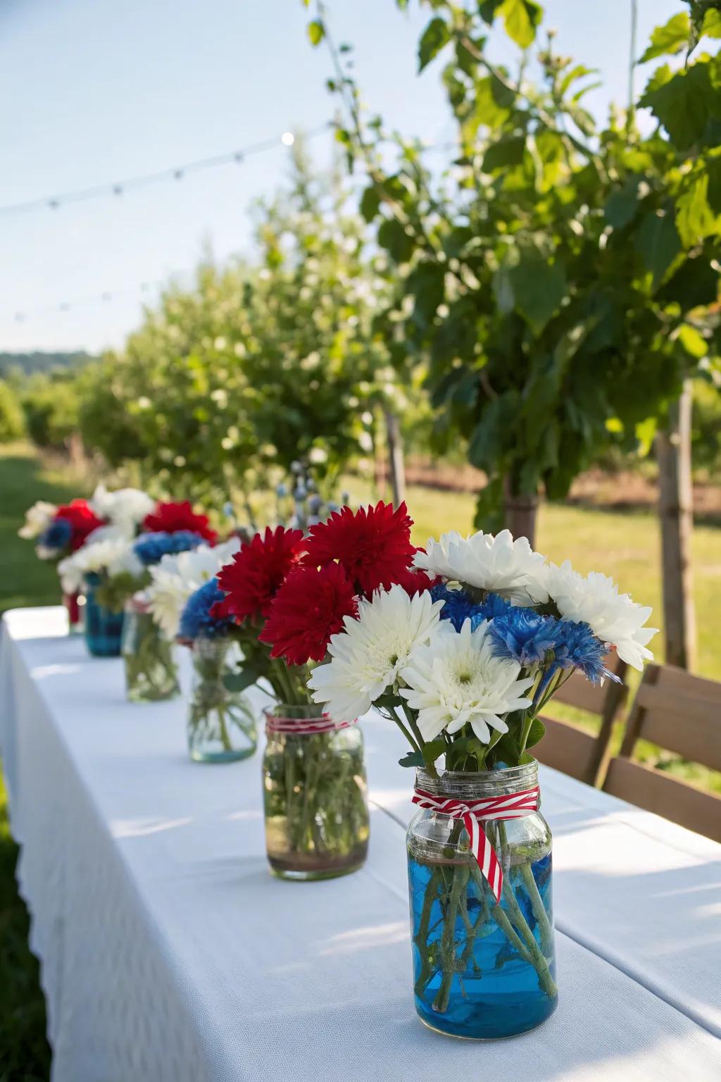 Mason jar vases bring the beauty of nature to your 4th of July table.