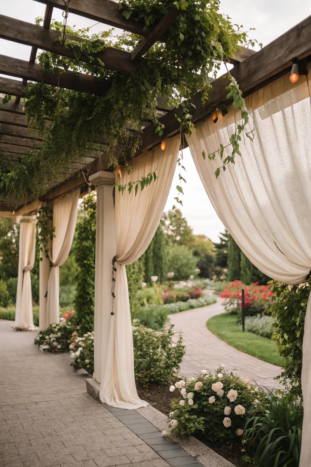 A pergola with hanging plants adds elegance and shade.