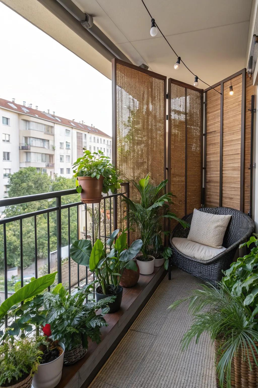 A privacy screen adds seclusion and style to this patio.