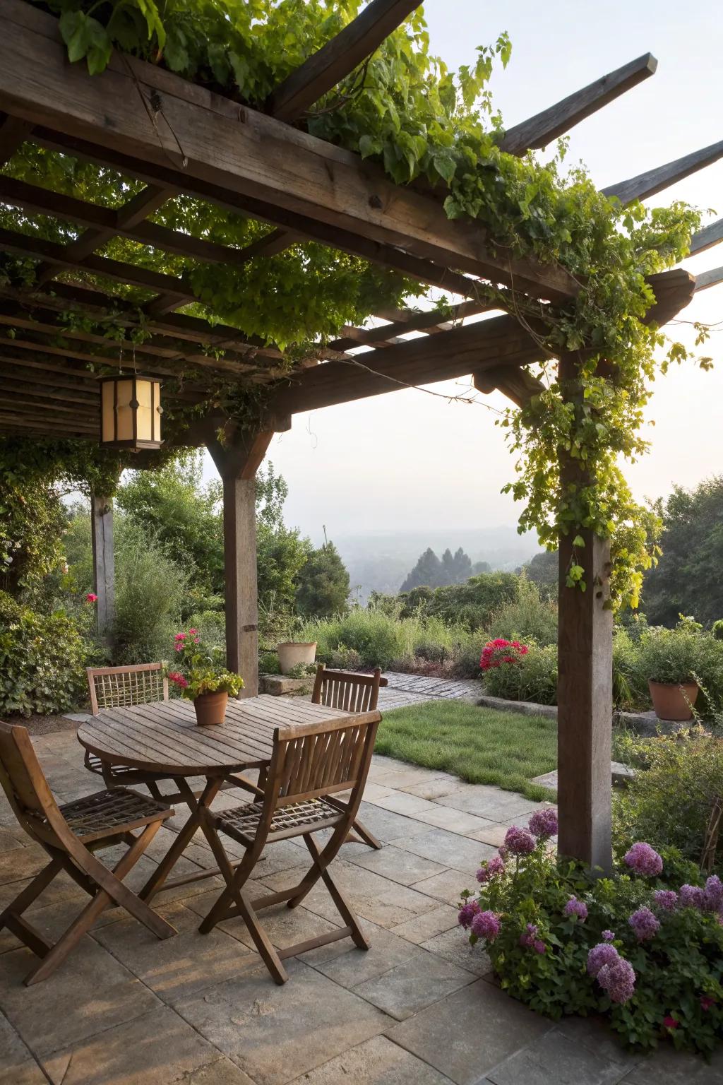 A charming pergola offers shade and defines the space.