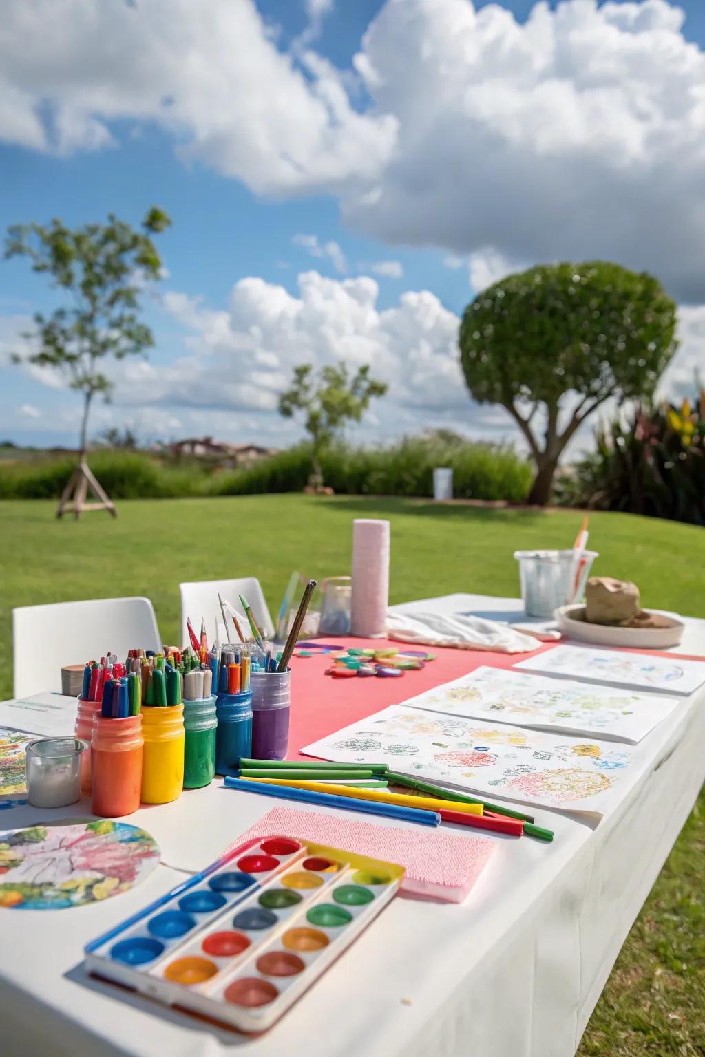 A vibrant DIY craft station sparks creativity in young guests.