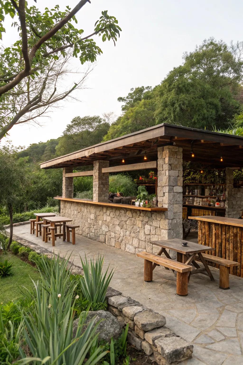 Natural elements create a seamless blend with the garden.