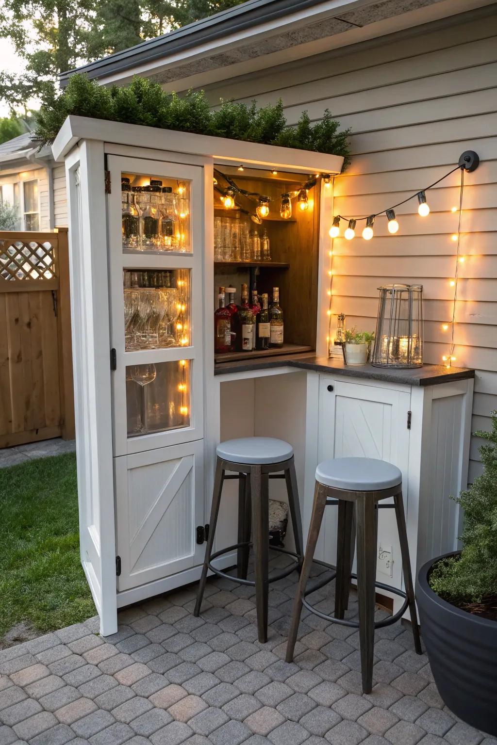 A corner bar cabinet maximizes space in small outdoor areas.