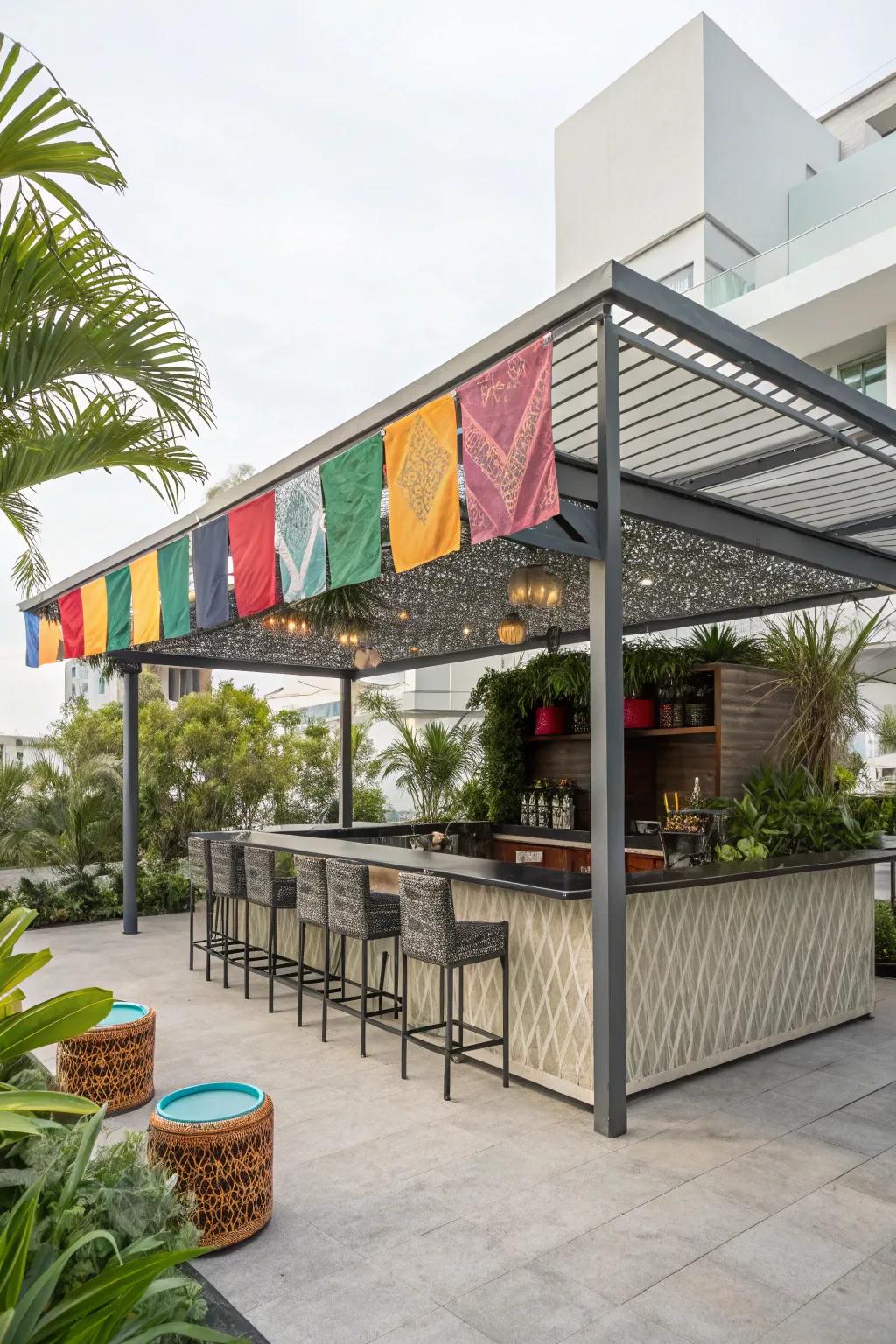 Metal and fabric create an industrial-chic vibe for your outdoor bar.