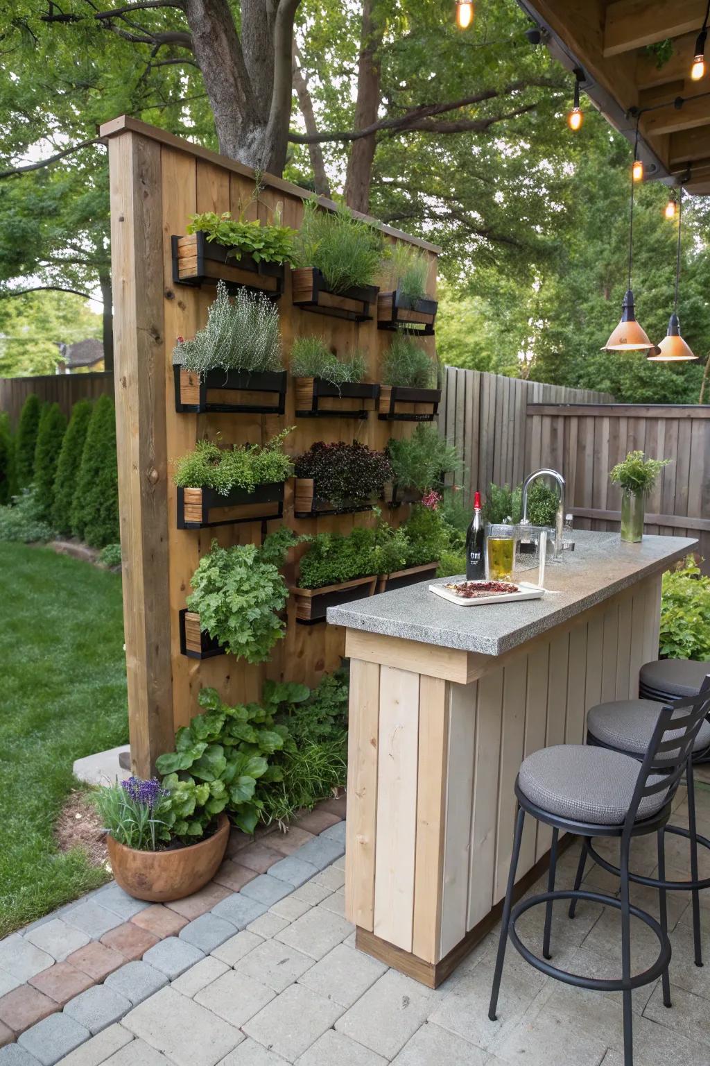 A vertical garden bar adds both style and freshness to small spaces.