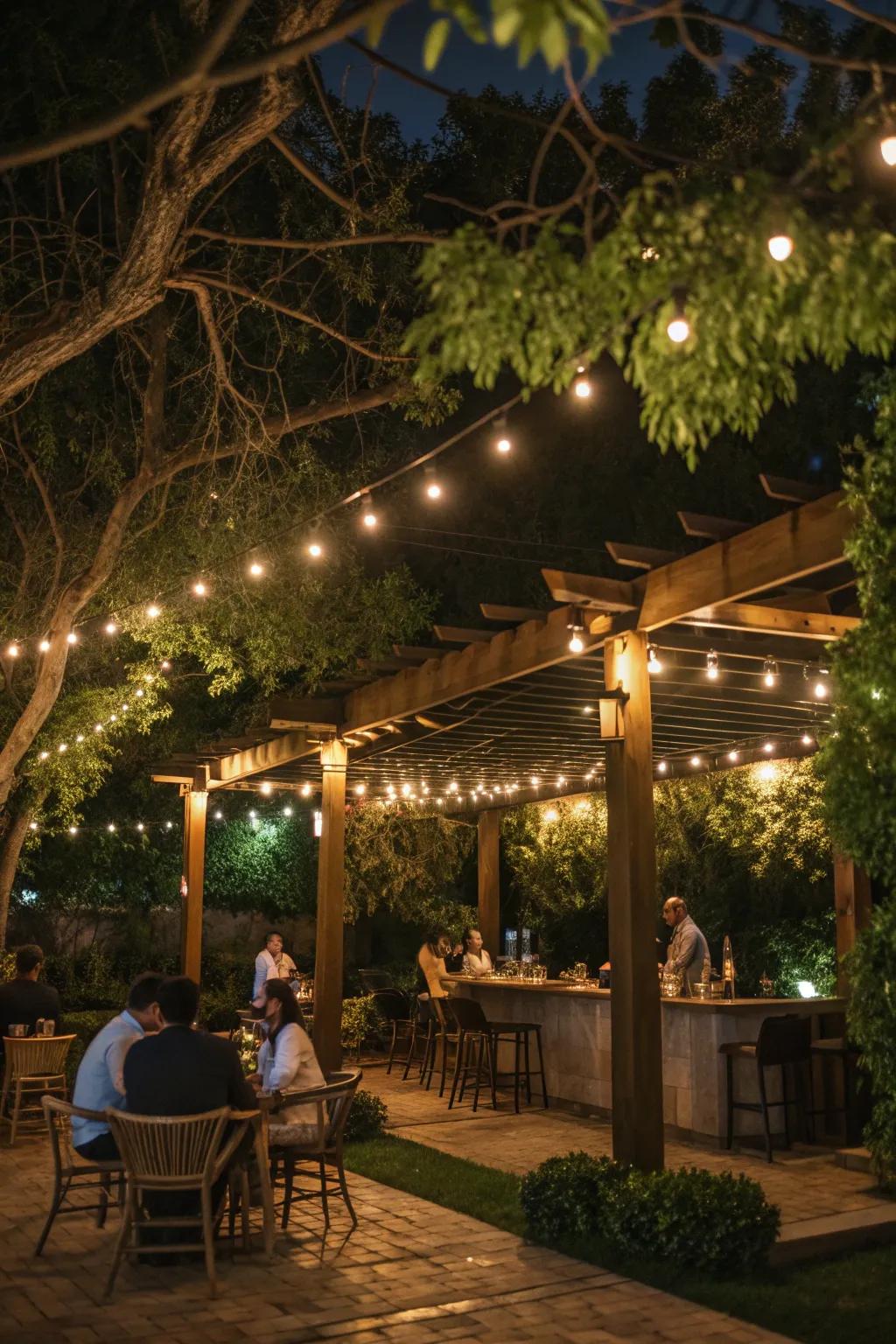 String lights create a magical atmosphere perfect for evening gatherings.