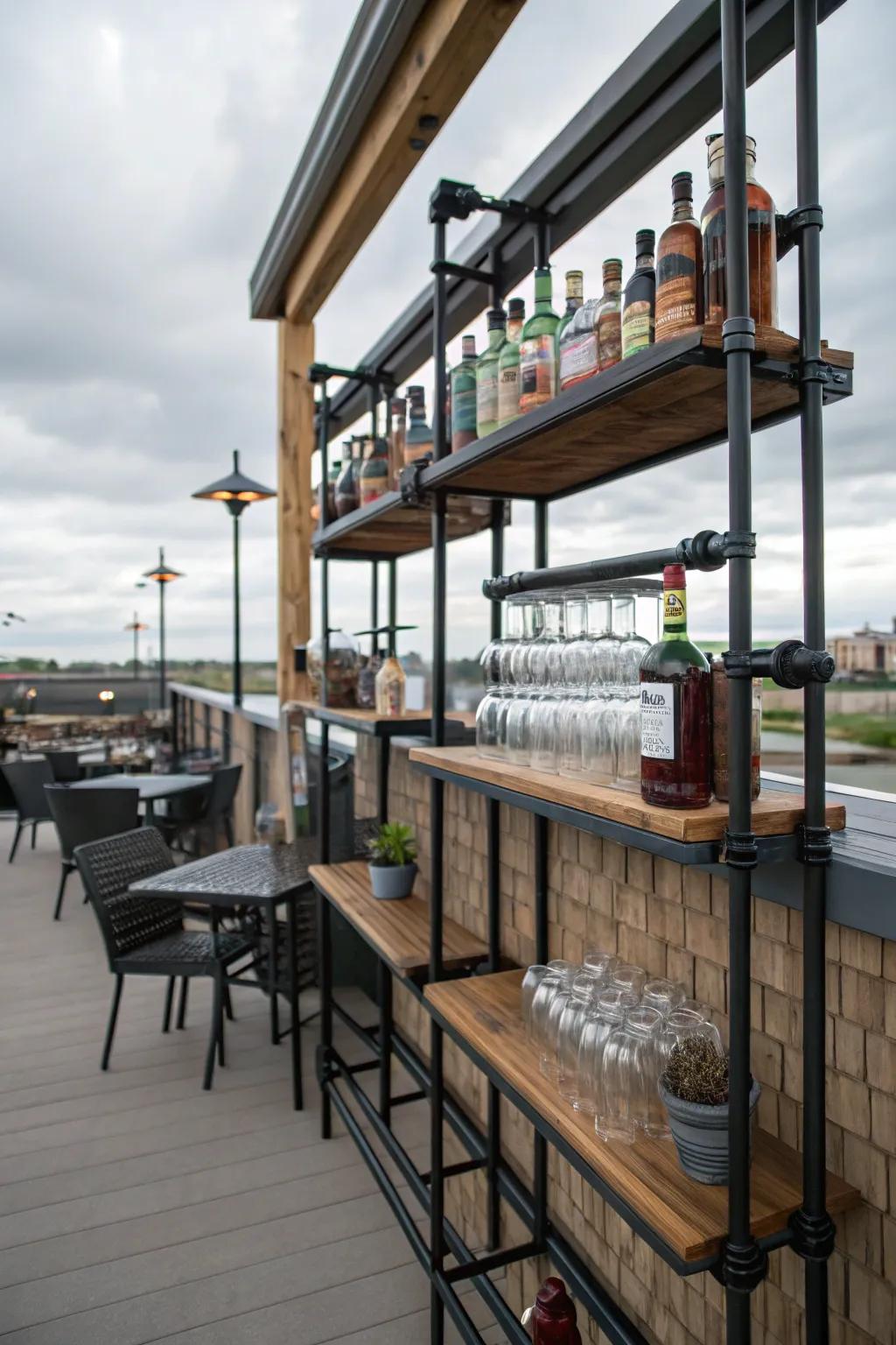 Industrial pipe shelves offer a rugged yet stylish look.