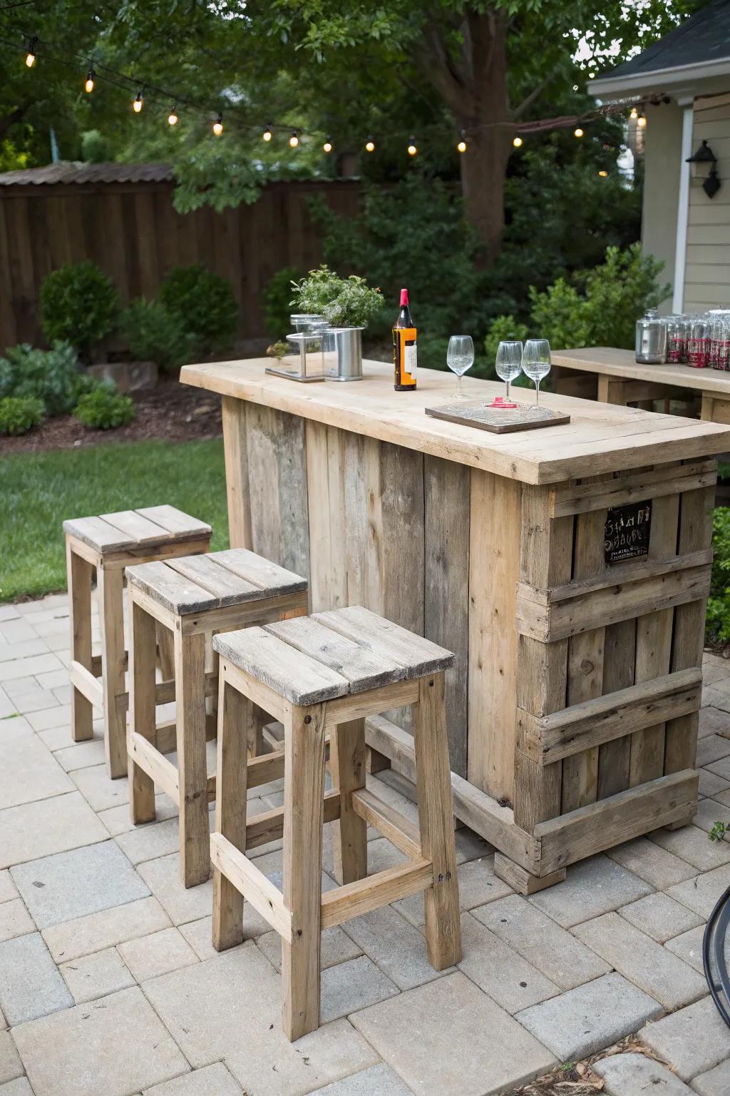 Get creative with DIY pallet wood bar stools for a personal touch.